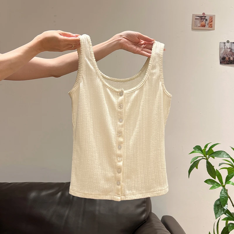 杏色u领吊带背心女夏新款蕾丝花边肌理感甜辣妹外穿无袖上衣