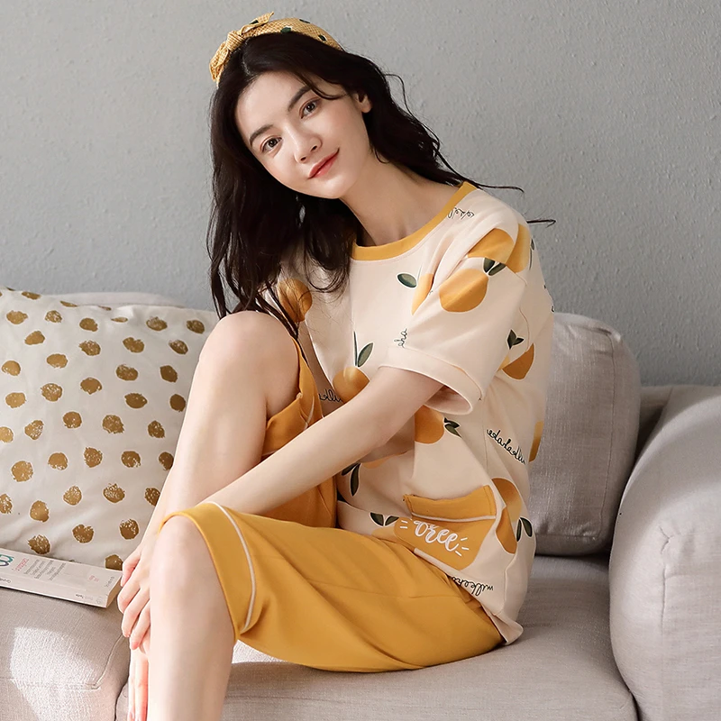 睡衣女夏季纯棉新款短袖七分裤舒适套装宽松家居服T-5175