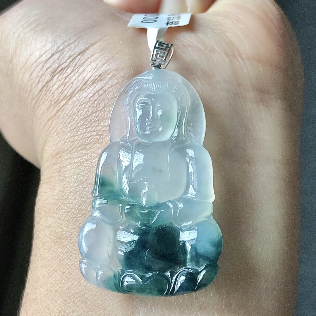 缅甸天然A货翡翠18k金镶嵌老坑冰种飘花正装观音吊坠尺寸41/26/5