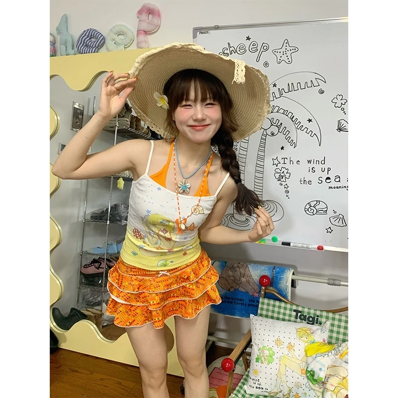 【橘子海】‘夏日晚霞’超正颜色！重磅纯棉！辣妹沙滩夏季假两件