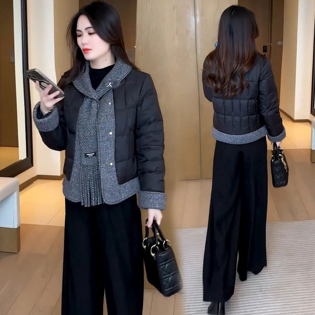 时尚羽绒棉服女冬季新款韩版洋气小个子拼接加厚保暖围巾棉袄外套