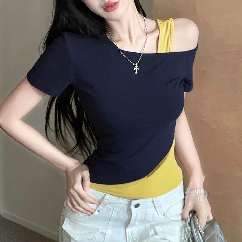 不规则一字肩吊带短袖t恤女夏收腰显瘦露肩设计感短款假两件上衣