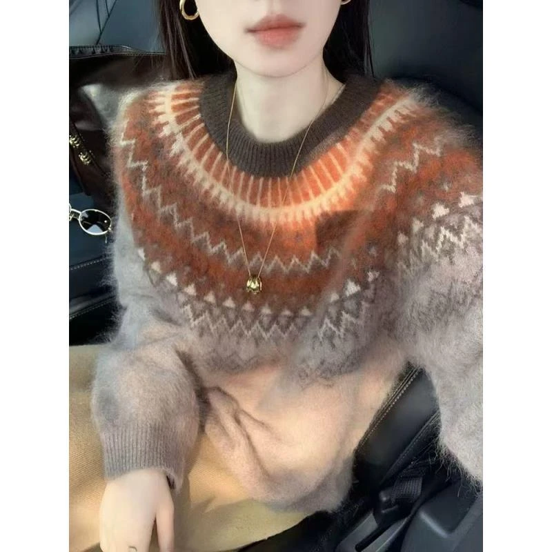 全羊毛拉毛针织衫费尔岛提花韩系宽松百搭套头毛衣W11-13   旺