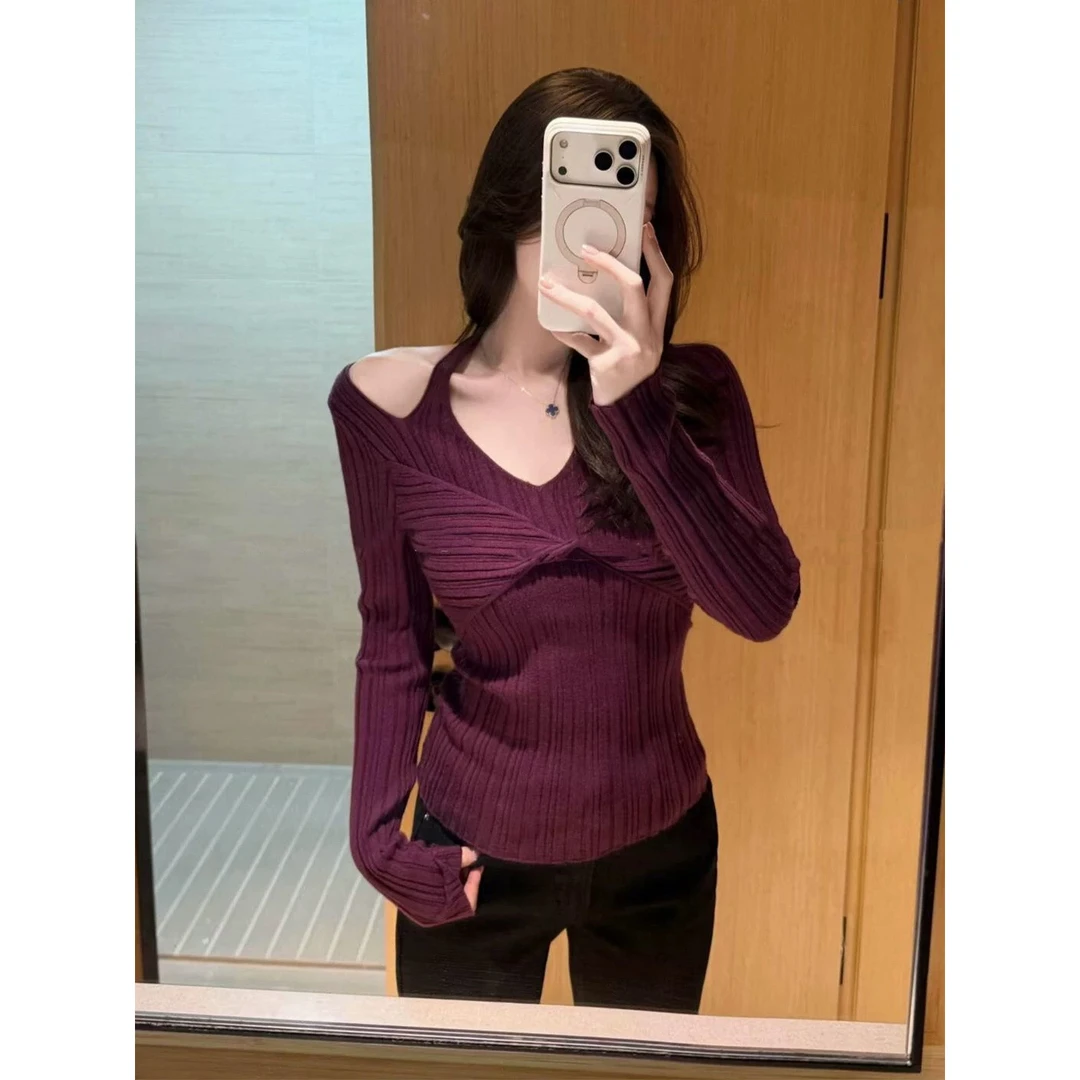 梦优莱法式V领挂脖扭结紫色长袖针织秋冬季修身露肩内搭打底衫女