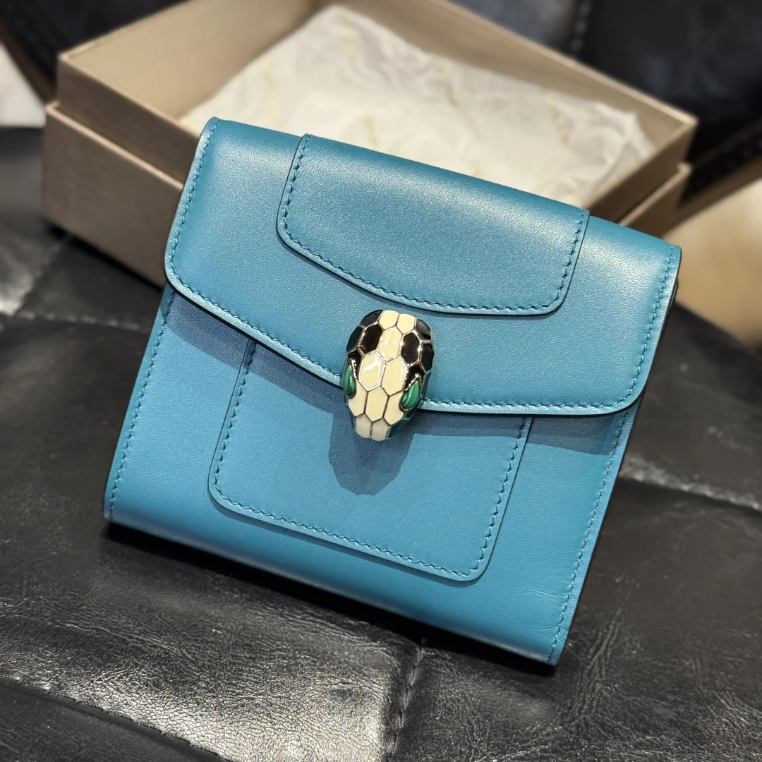 99新 BVLGARI/宝格丽 蓝色蛇头钱包卡包/二奢