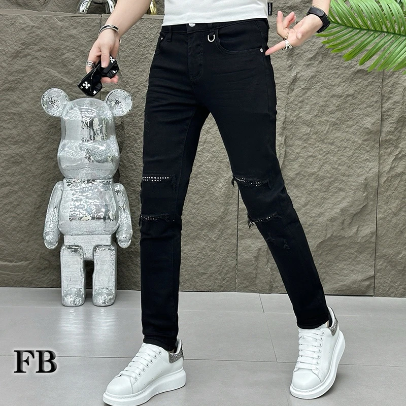 欧洲站黑色破洞牛仔裤男士春夏季弹力修身小脚轻奢休闲薄款补丁裤