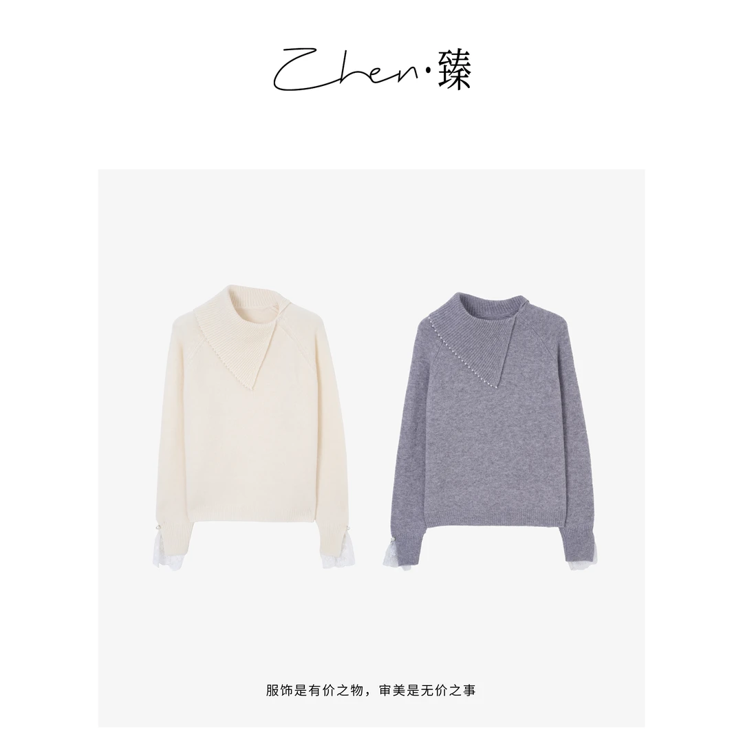 ZHEN.臻 冬新款法式设计感拼接蕾丝针织衫不规则羊毛毛衣SY7437Z