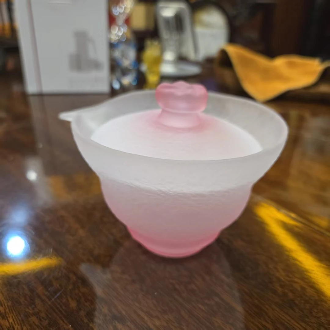 纯人工手作粉色无铅水晶玻璃盖碗