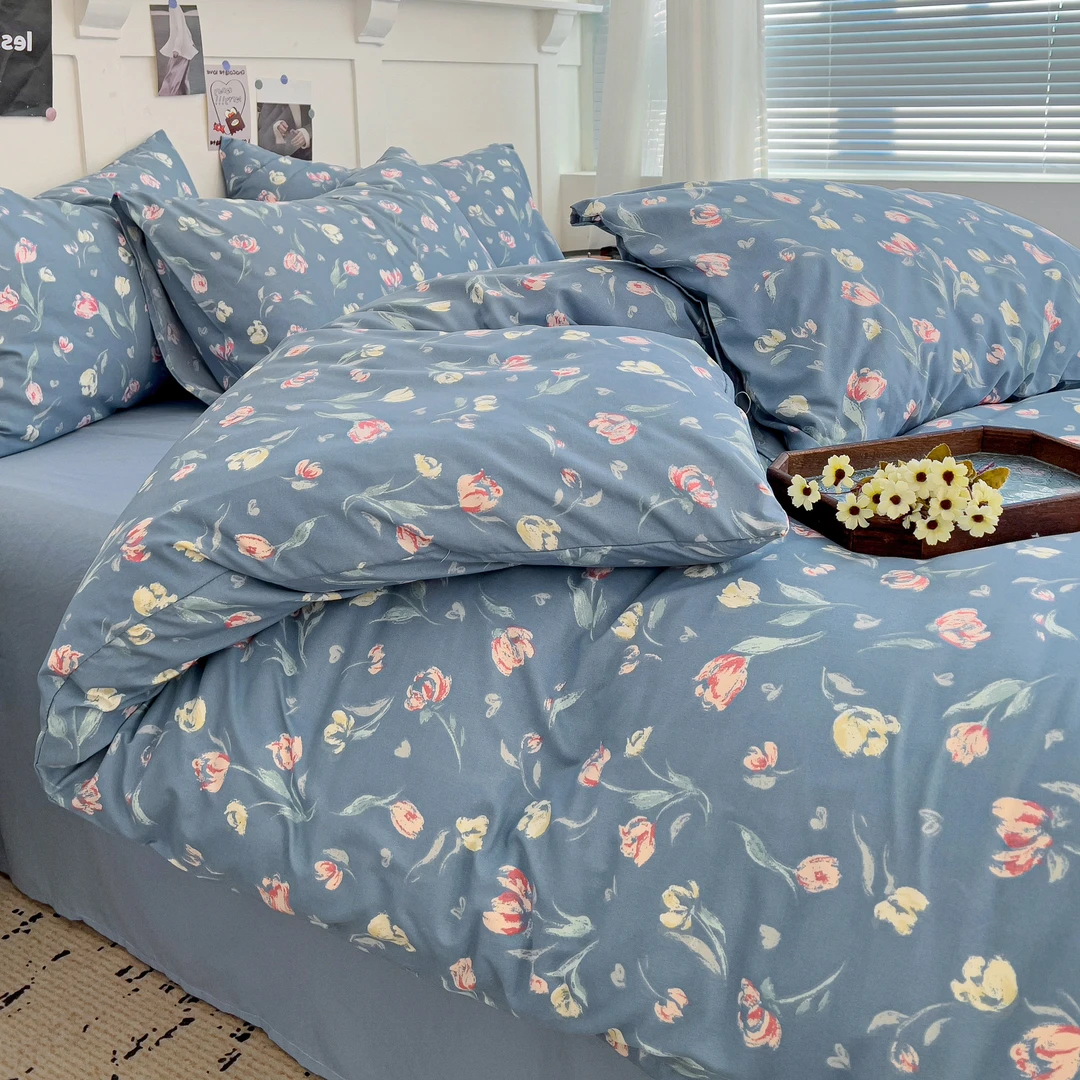 水洗双层纱四件套床上用品大学生宿舍被套床单床笠床套被罩三件套