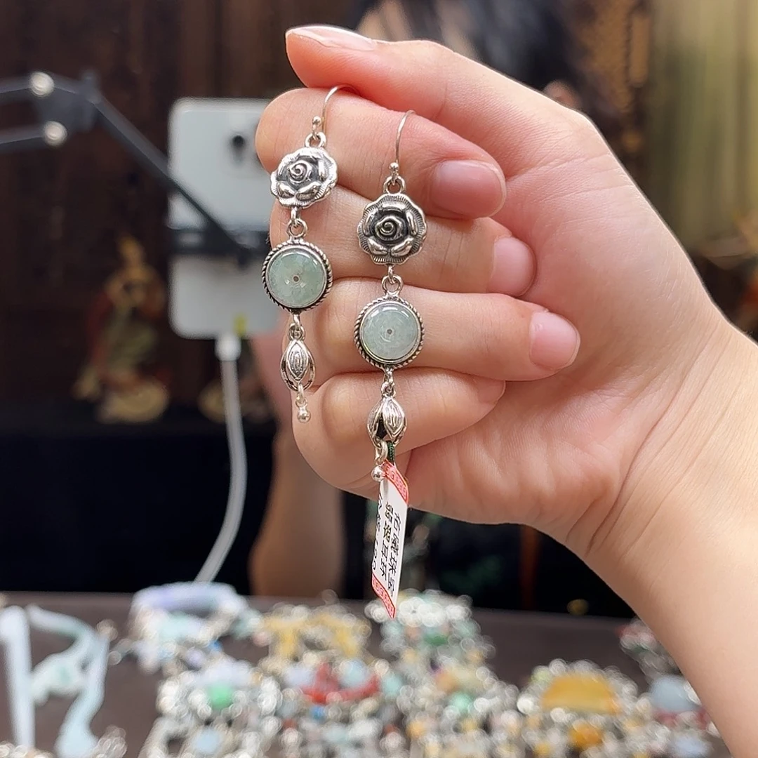 翡翠银S925镶嵌耳饰翡翠耳环不退换