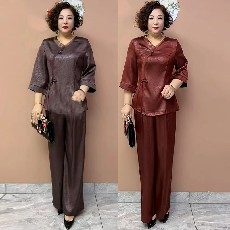 中老年新中式套装妈妈夏季新款上衣阔腿裤两件套大码时尚套头小衫