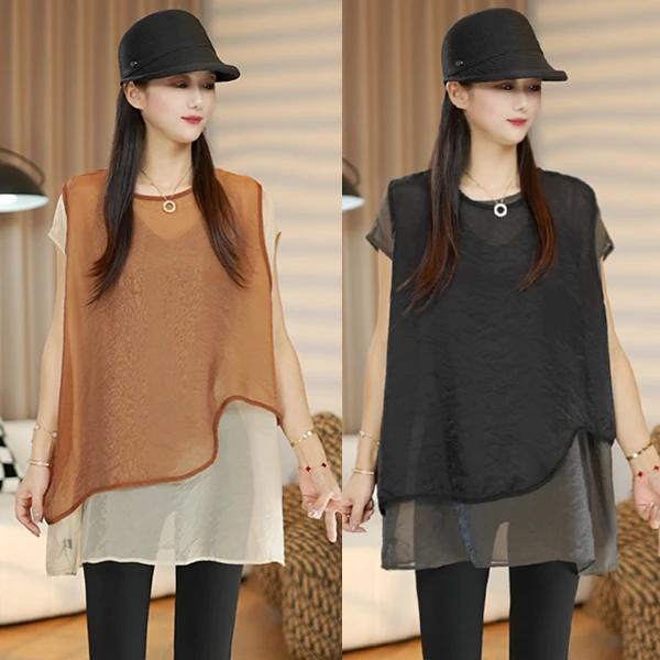 夏季新款韩版设计感真两件套撞色琉璃纱洋气时尚宽松遮肉显瘦上衣