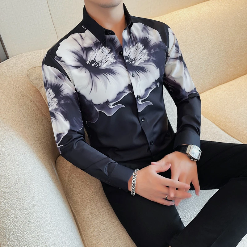 秋冬男士印花长袖衬衫修身百搭衬衣时尚休闲春季痞帅潮流帅气个性