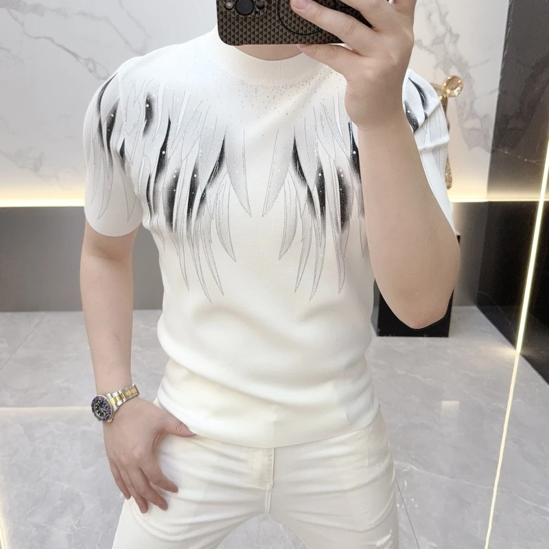 2025秋季新款欧货个性潮流设计重工烫钻圆领短袖T恤休闲针织半袖