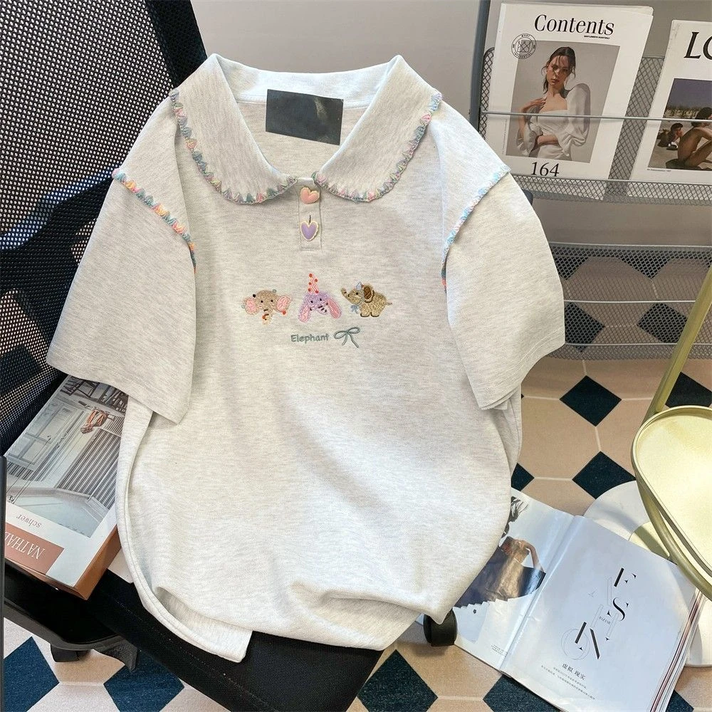 100纯棉撞色娃娃领卡通刺绣短袖T恤男女女童夏装6-12岁潮款高级感