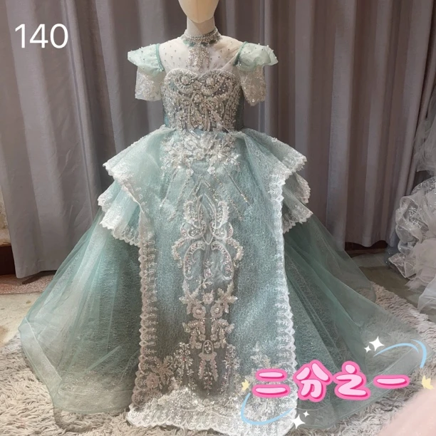 出租高端绿色拖尾闪亮女童礼服公主裙模特走秀唱歌主持演出生日