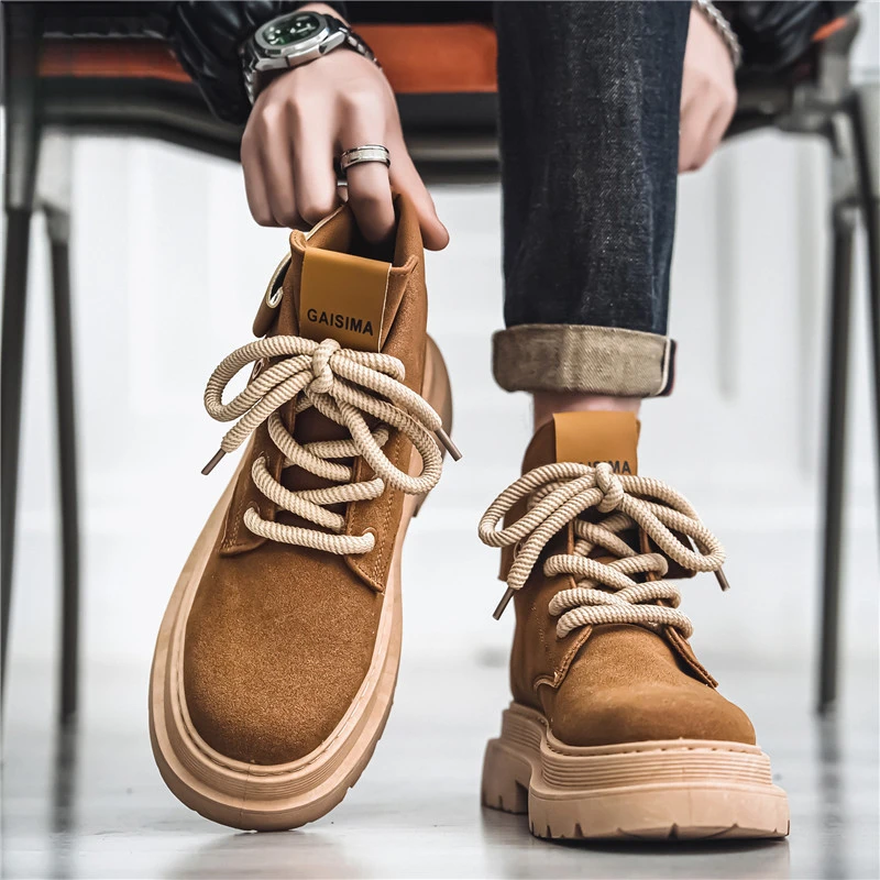 德拉玛马丁靴男鞋冬季新款高帮运动休闲翻毛皮鞋中帮工装厚底潮鞋