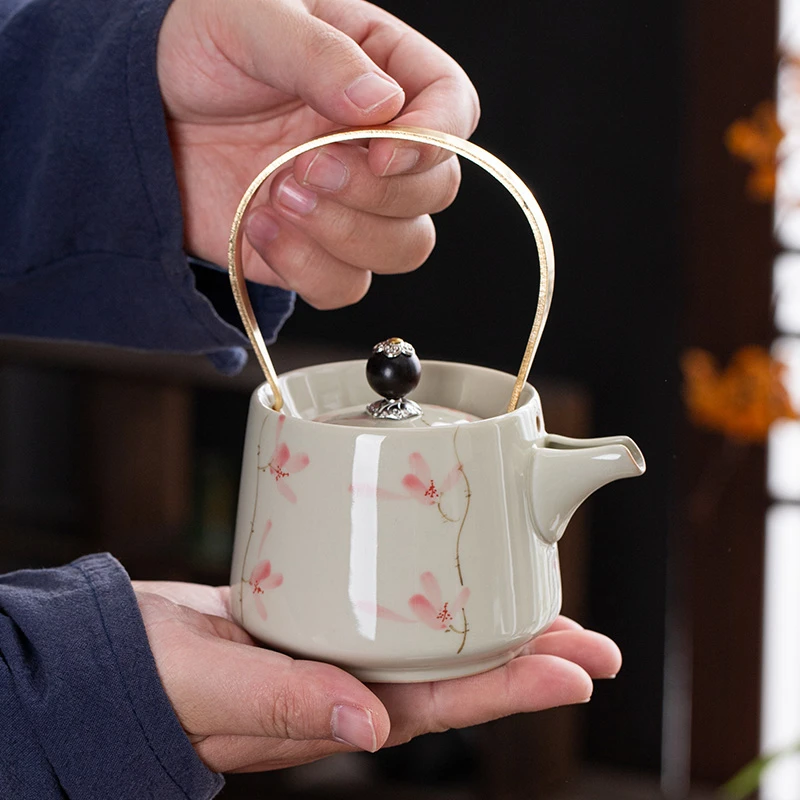 西思瓷语草木灰手绘蝴蝶兰釉下彩提梁壶陶瓷茶壶家用功夫茶具茶器