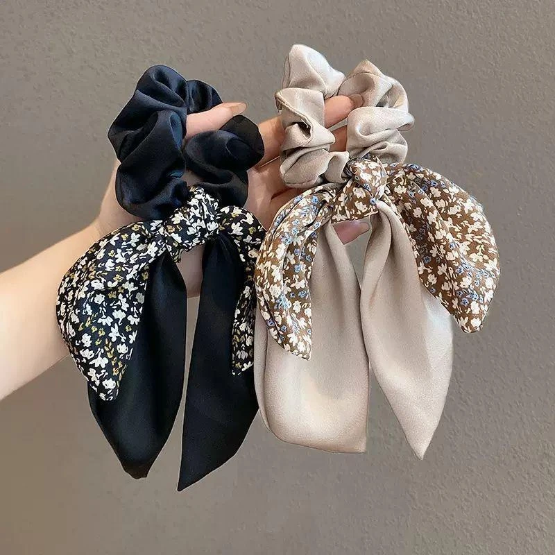 婉之恋新款缎面碎花飘带绑发气质头绳扎马尾发圈百搭蝴蝶结发绳女