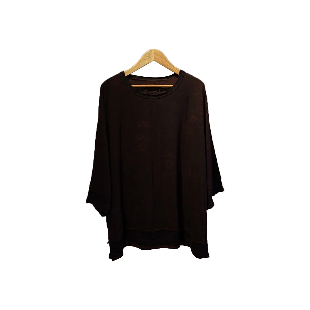 布衣分享  S33031-1 慢慢变蓝/荼 植物染黑咖暗花圆领拼接全棉T恤