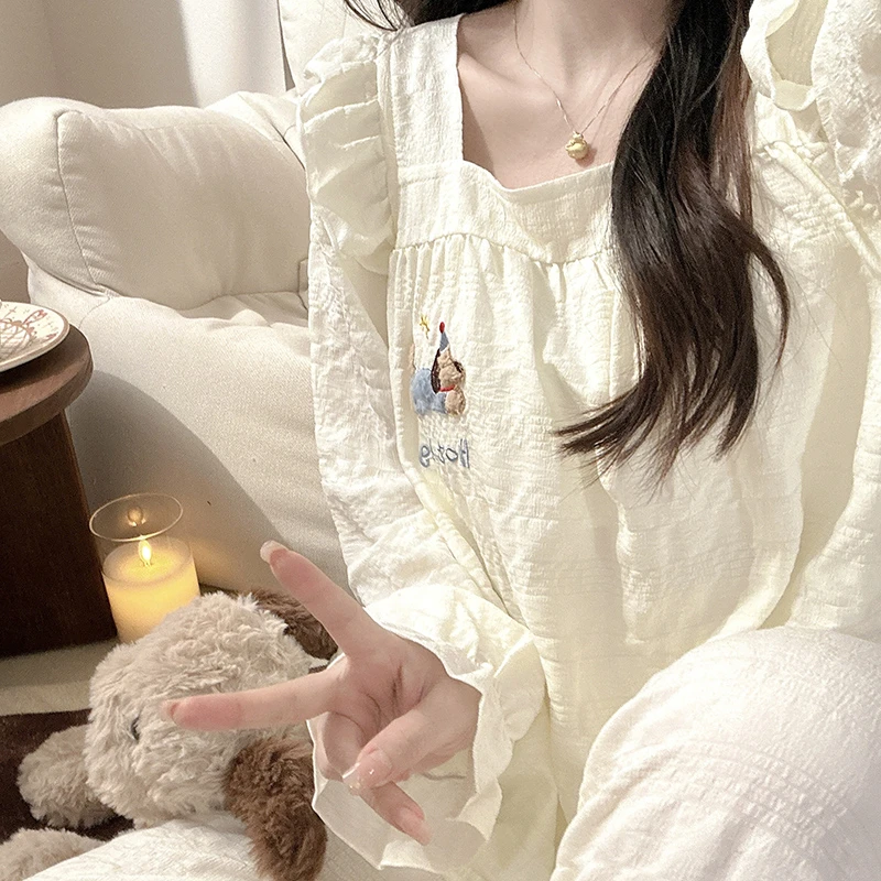 日系杏色飞袖腊肠狗睡衣女春秋季2025新款带胸垫家居服长袖长裤款