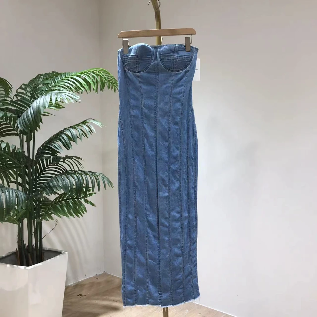 AB766美式复古抹胸牛仔连衣裙女2025年夏季新款显瘦直筒牛仔裙