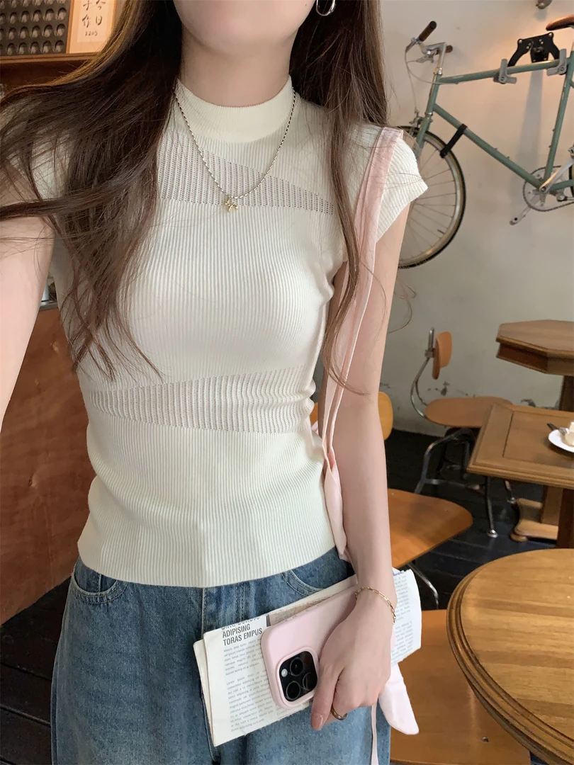 夏季小圆领镂空针织短袖女韩版修身辣妹百搭短袖女款爆款2025新款