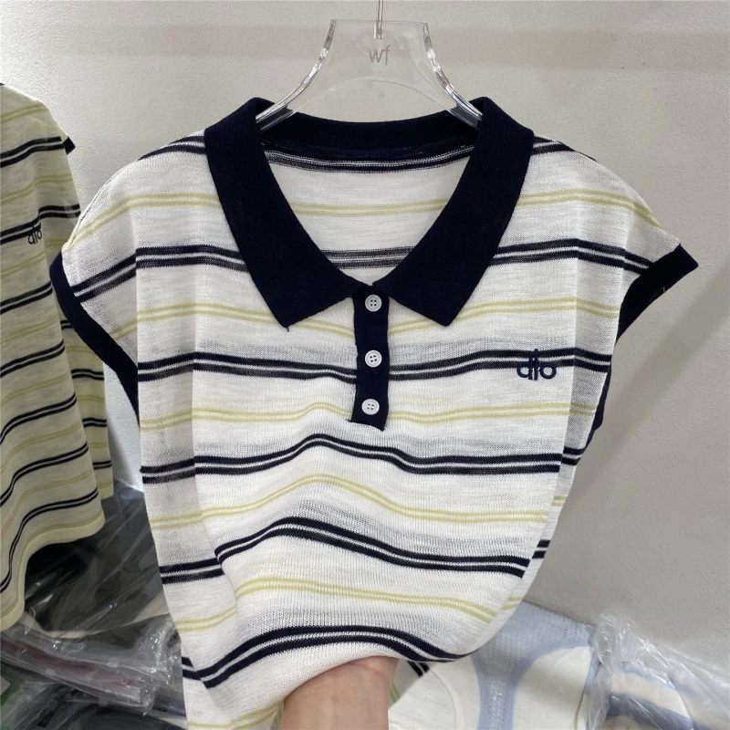 时尚简约字母刺绣撞色条纹飞飞袖冰丝针织衫女夏季新款百搭上衣