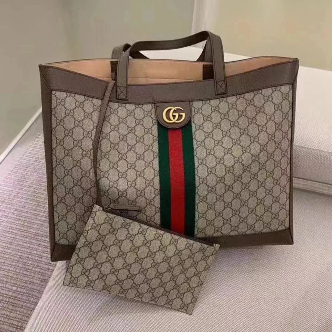 95新 GUCCI/古驰 119472 古驰大号棕色老花手提购物袋