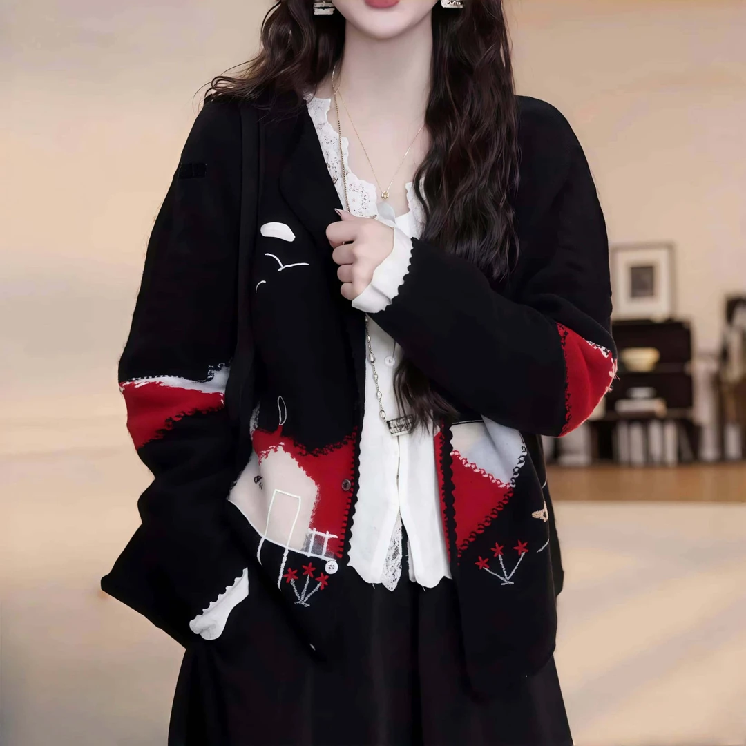 气质时尚撞色针织衫女宽松版小外套2025秋季新款洋气减龄针织开衫