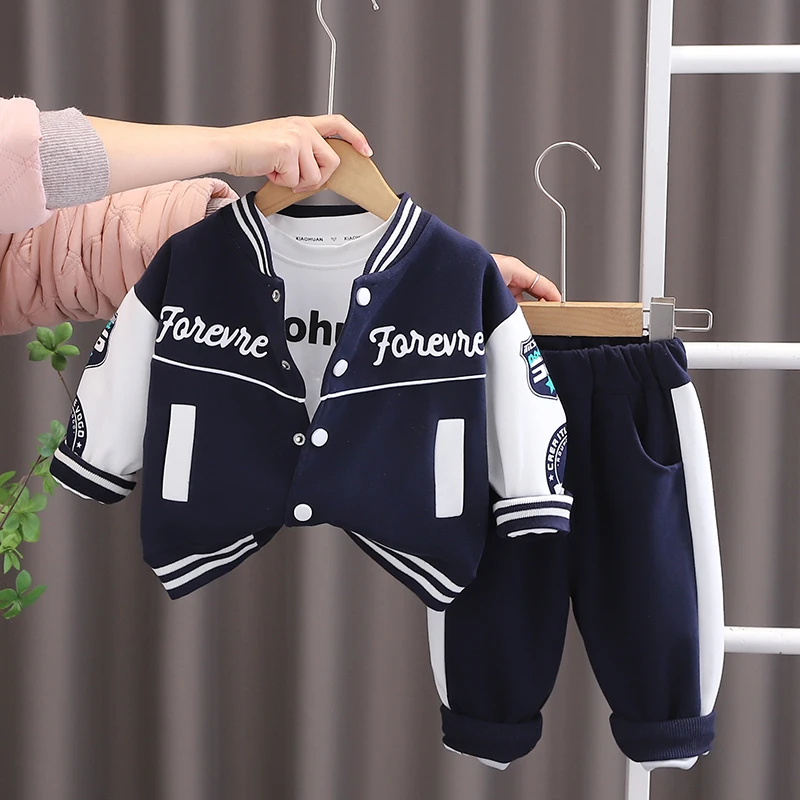 小欢家 男童春秋季棒球服三件套2025新款洋气宝宝时髦童装套装潮1