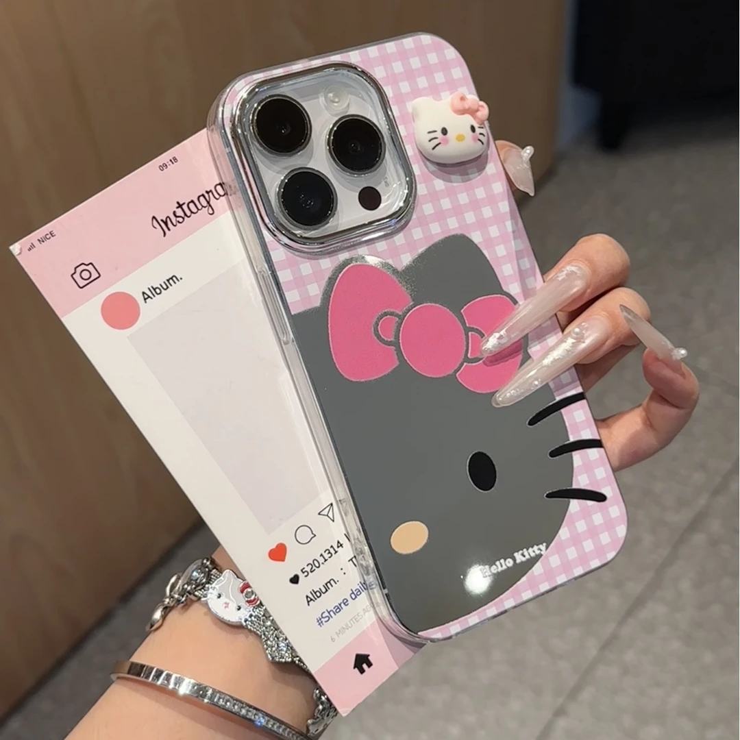 雅天立粉白格纹KT镜面适用苹果16/13手机壳华为vivo小米15oppo女