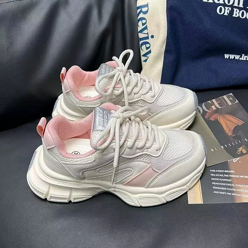 N1017 米粉显脚小老爹鞋2025新款厚底增高休闲女鞋网面透气运动鞋
