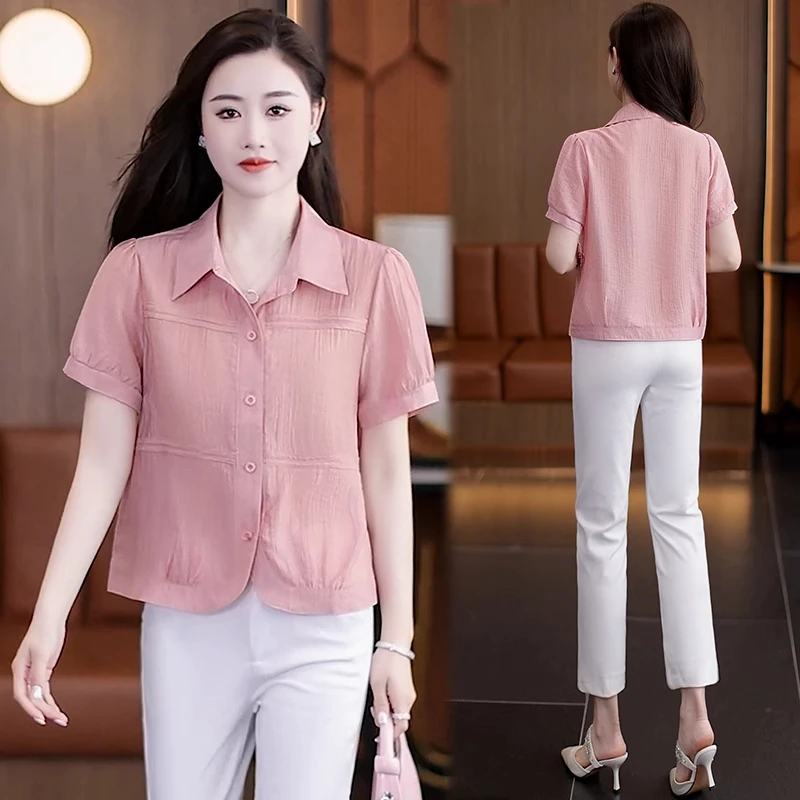粉色短袖衬衫女2025新款夏季小个子上衣时尚短款洋气减龄女士小衫