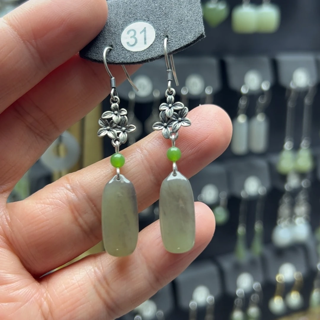 和田玉银S925镶嵌耳饰