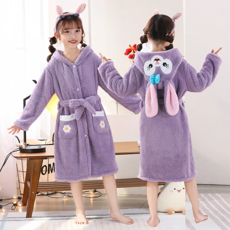 儿童睡袍冬季连帽珊瑚绒加厚女童浴袍法兰绒秋冬男童8岁男童睡衣