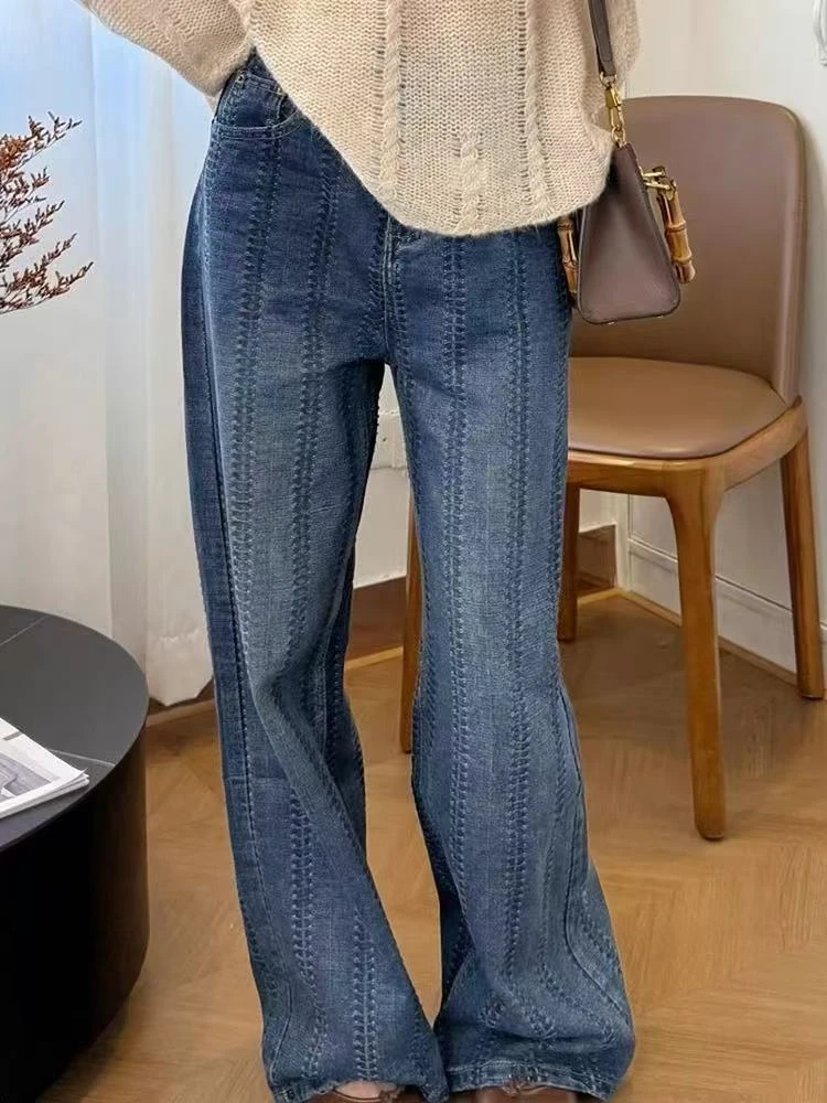 重工链条编织阔腿牛仔裤女冬季加绒加厚高级感宽松显瘦休闲直筒裤