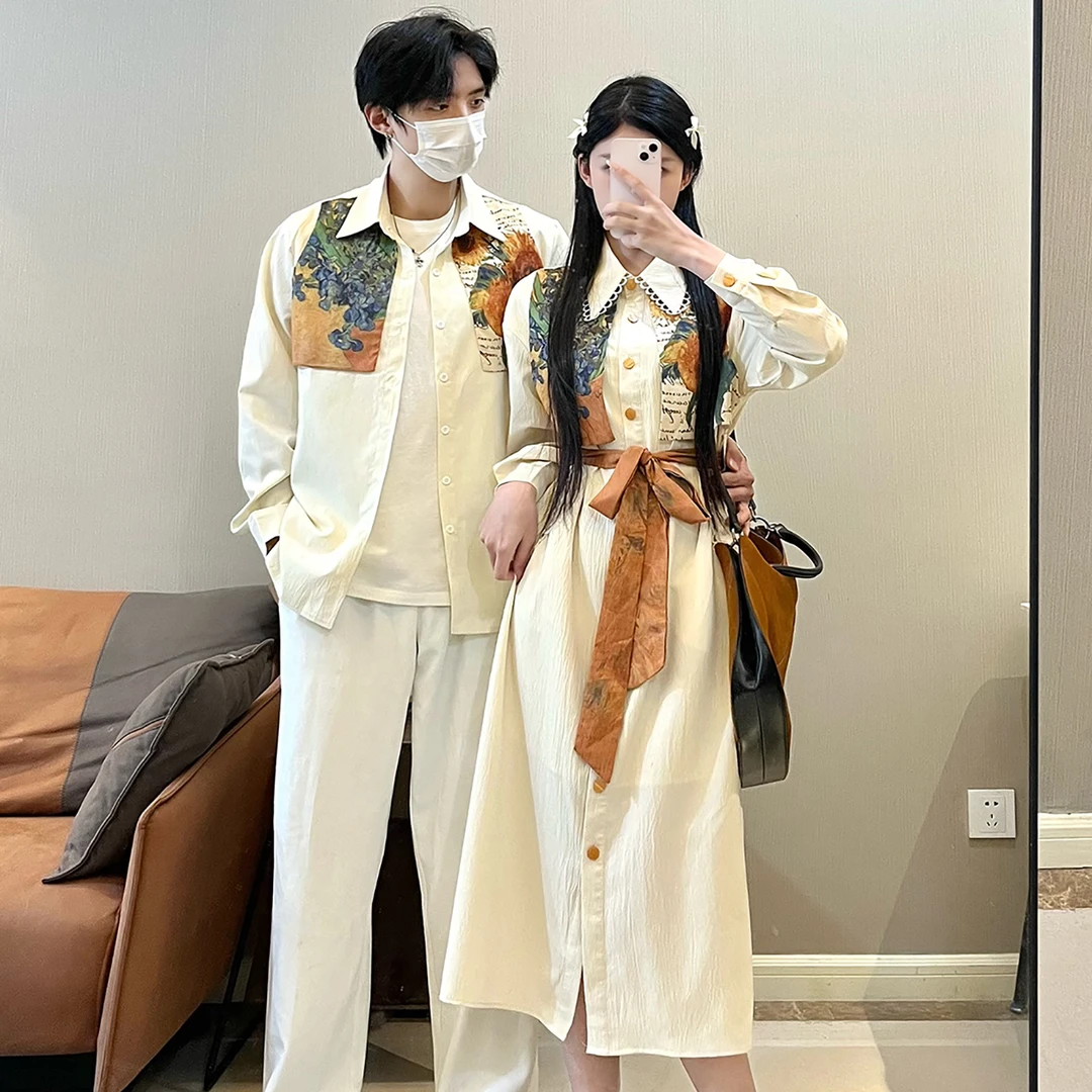 2025早春法式复古休闲长袖连衣裙韩版小众设计感衬衫情侣一衣一裙
