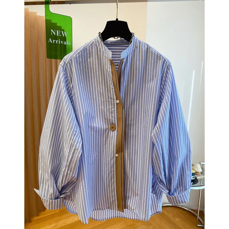 7775欧货蓝色条纹衬衫女早春新款宽松百搭时髦设计感长袖气质上衣