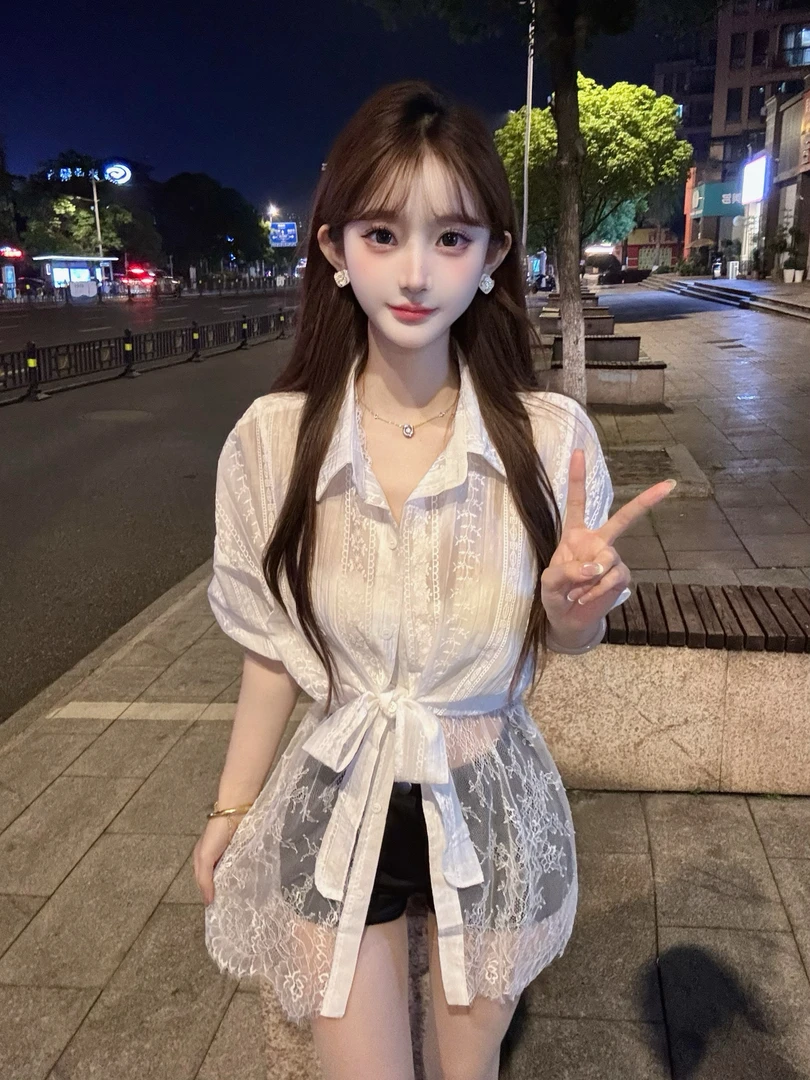 【独特蕾丝背心衬衣防晒衬衣套装】