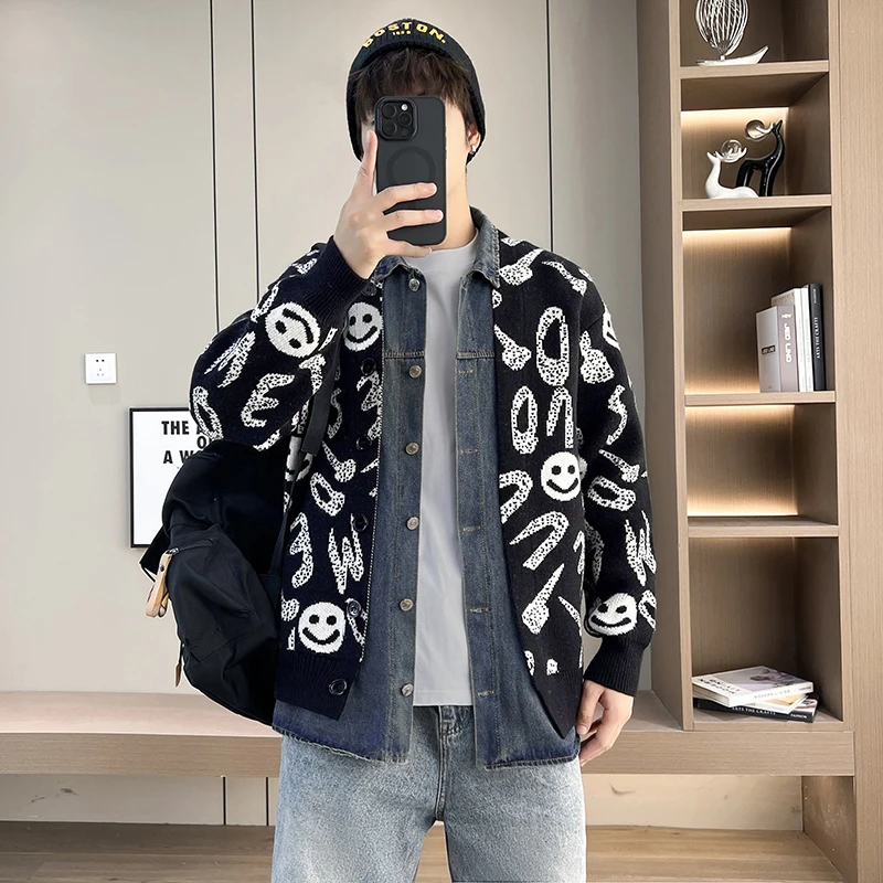 开衫毛衣假两件早秋外套青少年帅气宽松针织衫长袖时尚百搭毛线衣
