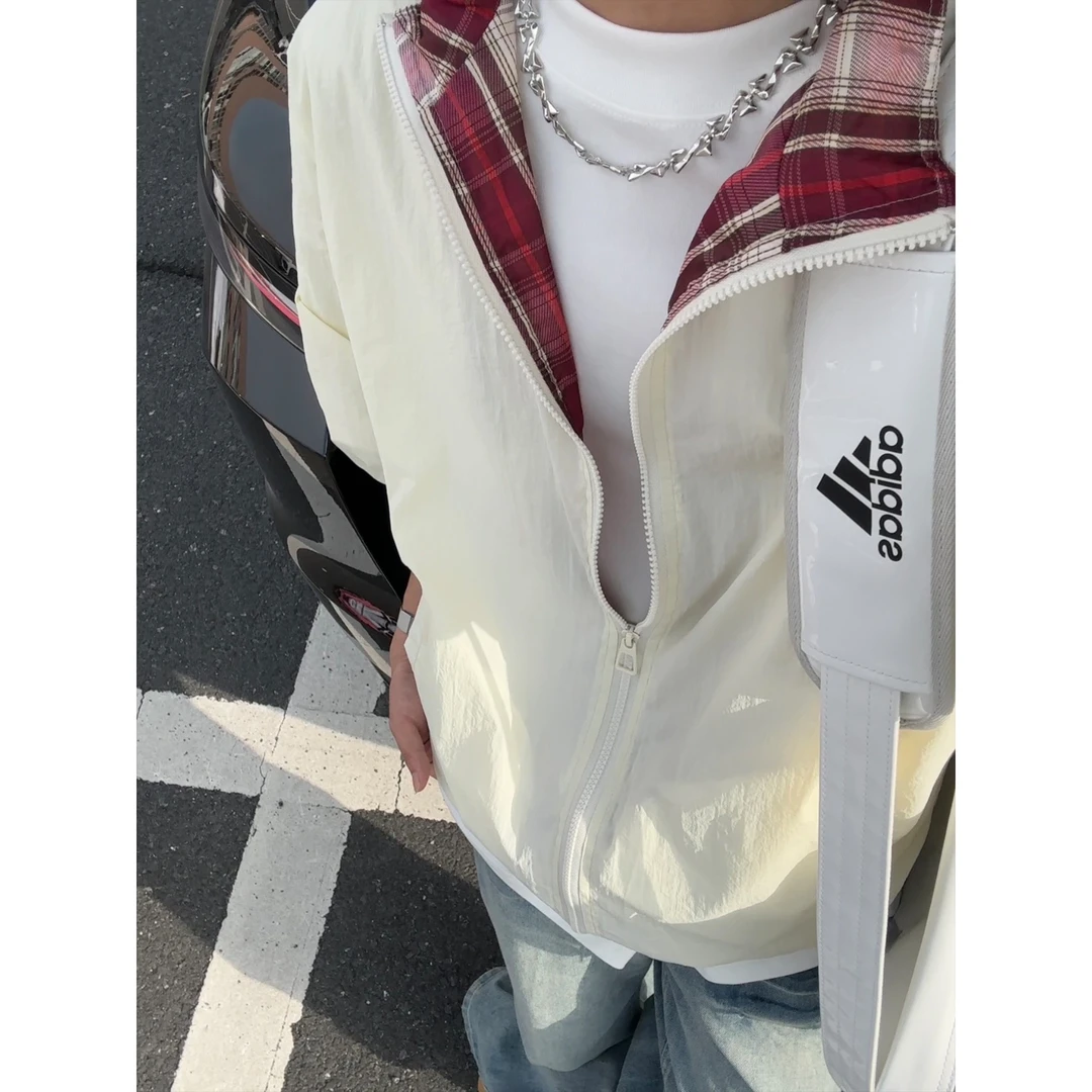 UPF50+鹅黄杏防晒衣外套男夏季薄款格子拼接设计感翻领情侣防晒服