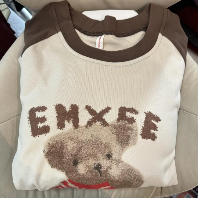 CD261德绒小熊插肩袖带胸垫长袖长裤家居服套装