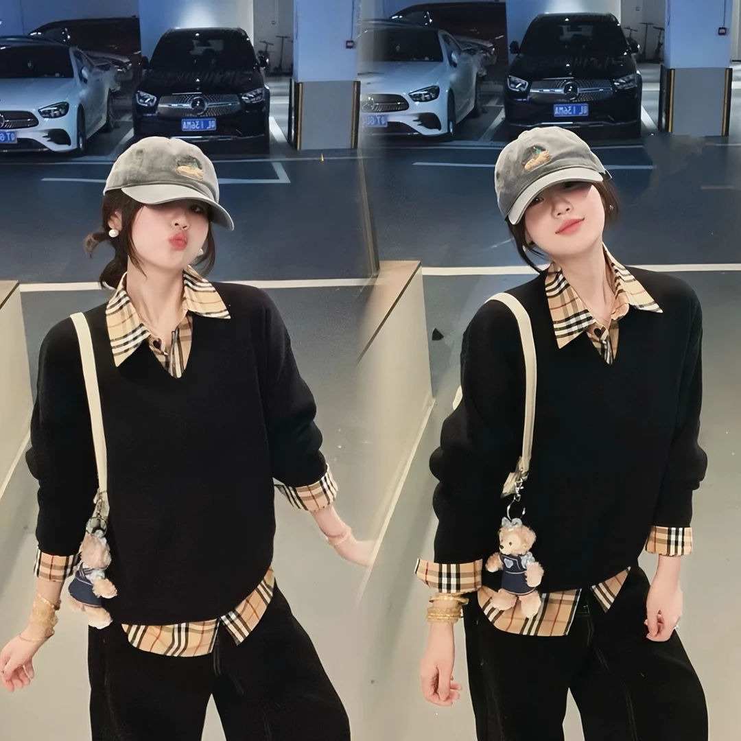 秋季新款大码胖MM韩系慵懒风长袖拼接通勤ins风上衣