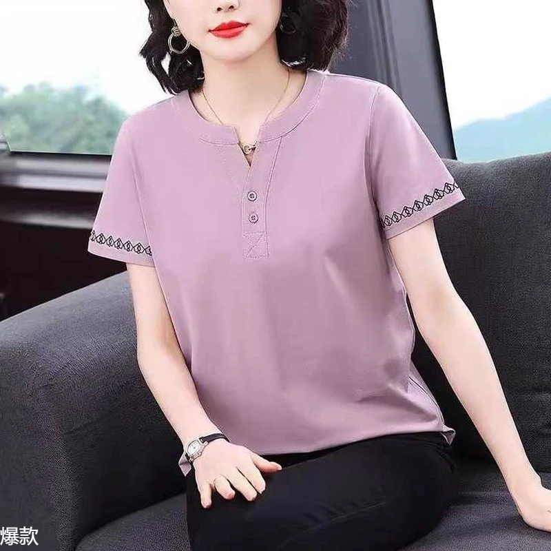 妈妈装纯棉短袖恤女2025夏装新款中老年大码上衣女洋气半袖小衫