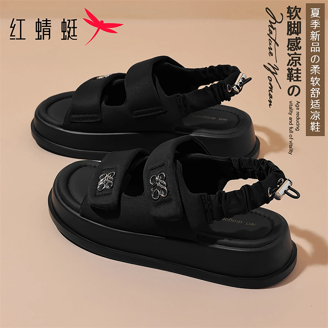 红蜻蜓露趾罗马鞋女2025年夏季新款厚底凉鞋舒适时尚通勤沙滩鞋鞋