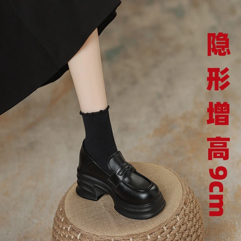 芸熙家百搭内增高小皮鞋2025新款复古英伦风松糕鞋厚底圆头乐福鞋