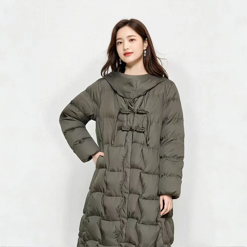 D339新款2025冬季中长款羽绒服女连帽时尚韩版白鸭绒厚款宽松外套