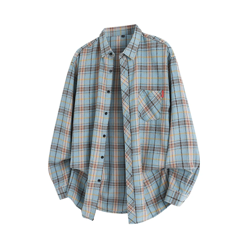 MTVO秋季新款格子衬衫潮流翻领百搭长袖时尚休闲宽松男装韩版