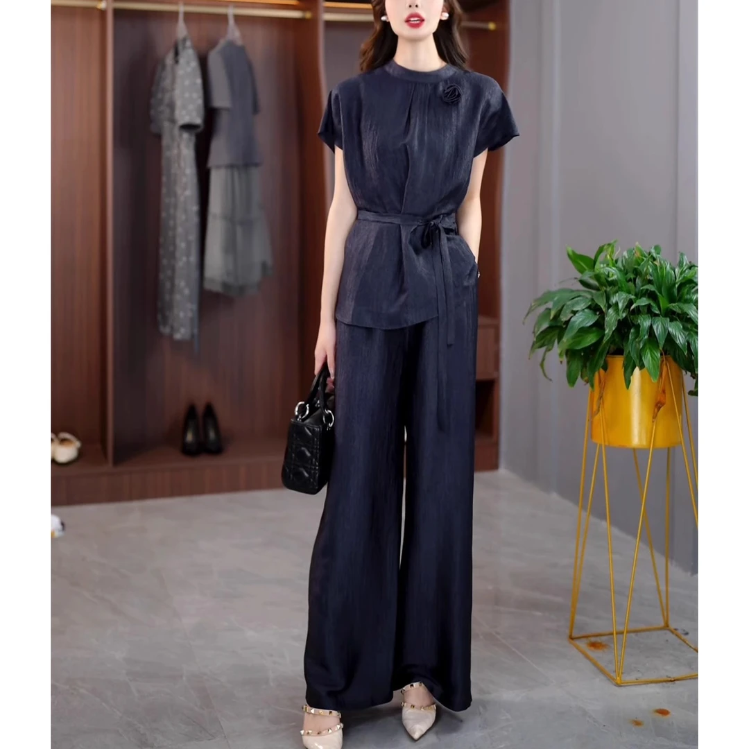 时尚休闲显瘦套装女2025夏季新款洋气设计感短袖上衣阔腿裤两件套